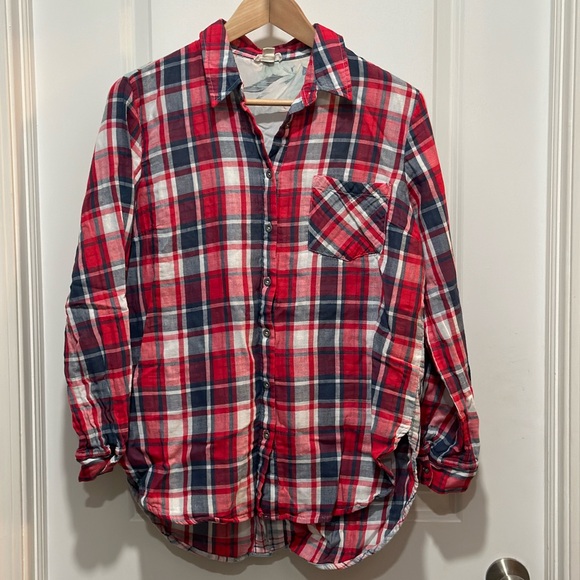 Unique Multi Media Top Plaid Front Floral Back Button Up Shirt - Picture 1 of 12